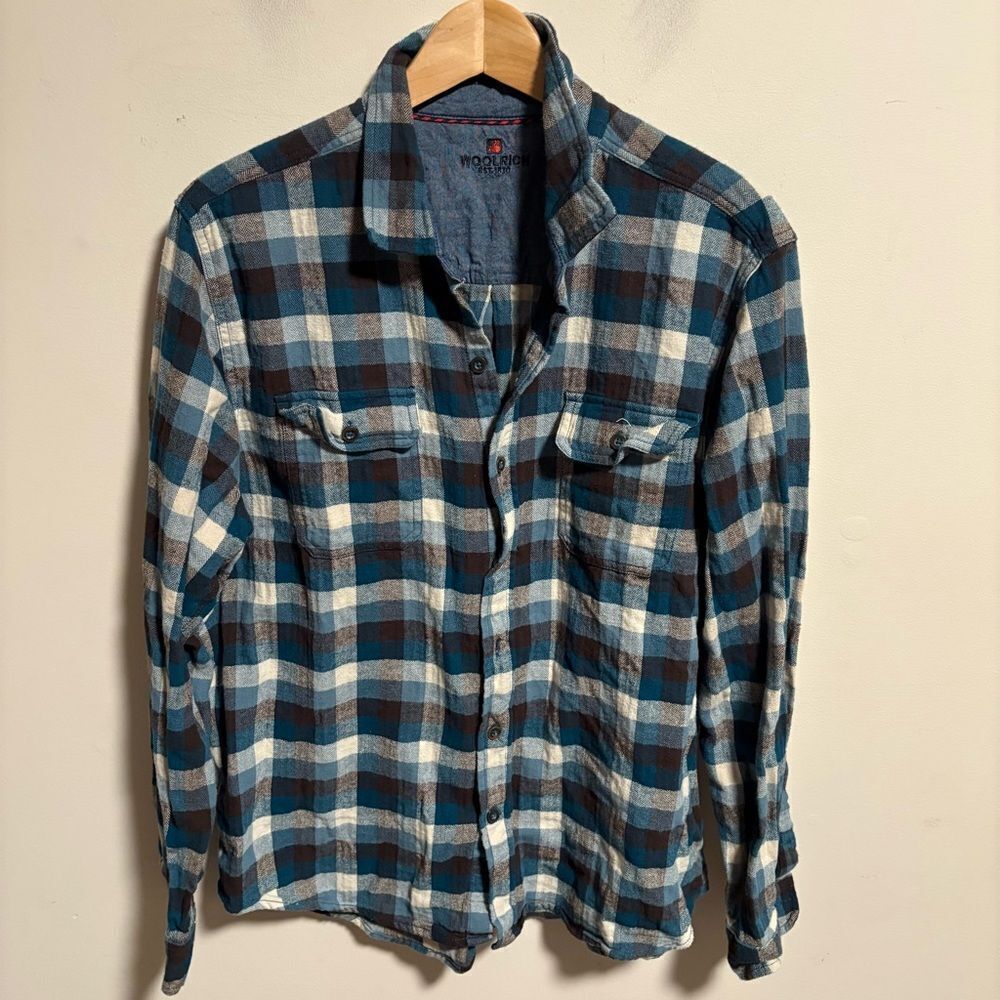 Woolrich Flannel Shirt Blue Plaid Long Sleeve Button- Men Size XL
